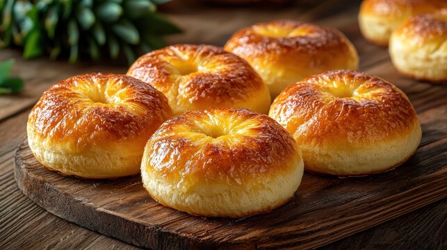 Freshly baked golden brown bread rolls with shiny crust on a rustic wooden board, perfect for breakfast, snack, or dinner table, appetizing and warm