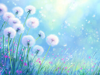 Fototapeta premium Dandelion seed puffs in a field. 