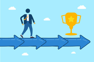 Path to Success Illustration. Conceptual illustration of a businessman walking on a path of arrows towards a golden trophy. Businessman, Arrows, Trophy.