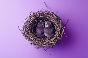 Two small birds nestled snugly within a woven nest.