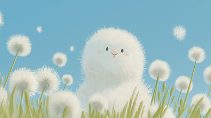 Dandelion seed puffs in a field with a cute fantasy creature. 