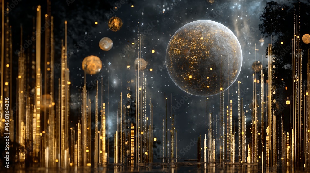 Poster golden celestial cityscape displaying distant planets and interstellar light streams in space