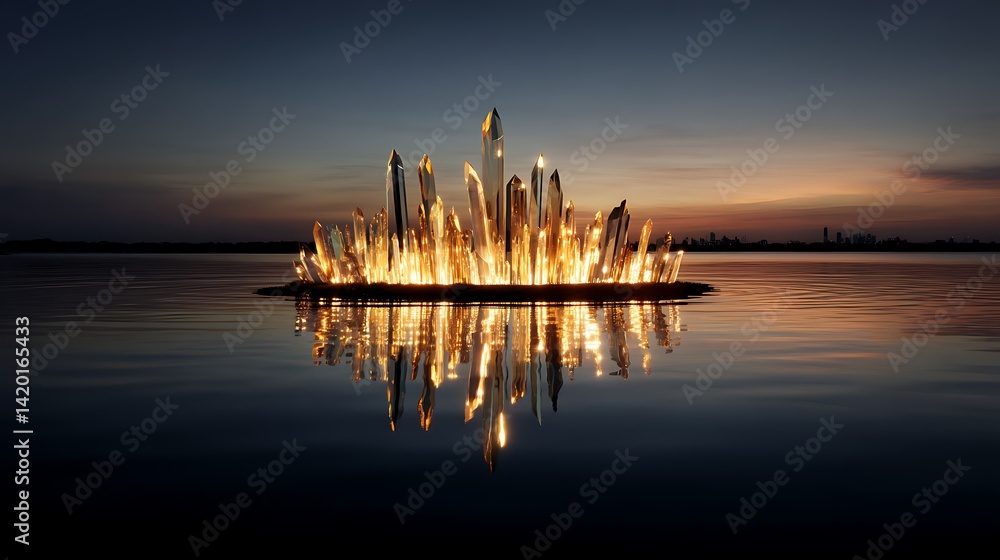 Poster golden crystal array floating in a calm lake at dusk reflecting light over the horizon landscape.