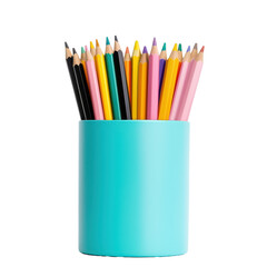 Colorful pencil set in a light blue container with natural wooden and color lead tips for drawing coloring and artistic supplies on transparent background