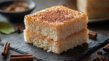 Close-up of an induent thick slice of moist dense moist coconut cake with a golden-brown crust on top served on a black slate plate with cinnamon sticks in the background