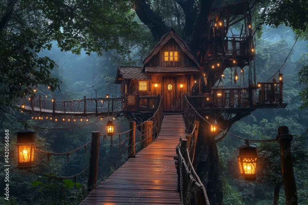 Poster rope bridge with lanterns leading to charming treehouse illuminating the misty forest at night, crea