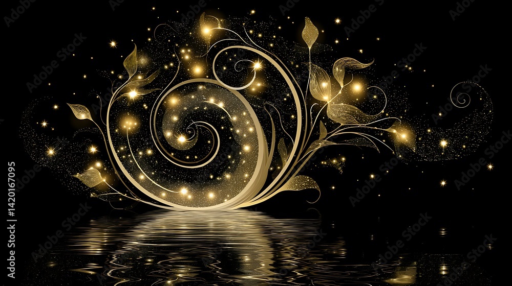 Poster golden light flourish swirl with water reflection elegant design abstract art pattern and decorative