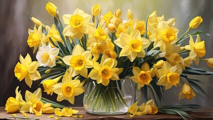 Obraz premium A vibrant bouquet of daffodils and lily of the valley flowers, featuring rich yellow and orange blooms interspersed with delicate white blossoms