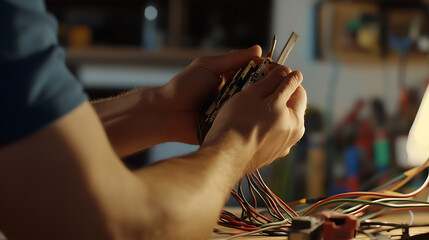 Electrician fixing wiring in a home basement. Featuring focus and technical ability