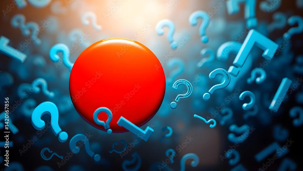 Poster red button surrounded by blue question marks uncertainty and decision-making concept
