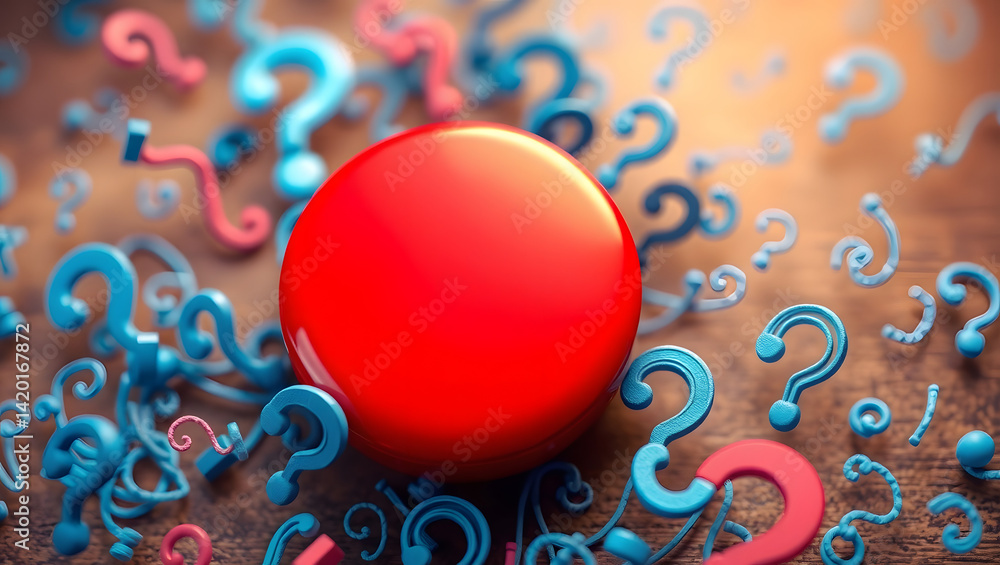 Poster red button amidst a swarm of question marks uncertainty and decision-making concept