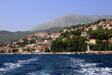 Beautiful Kotor Bay and old city Kotor surrounded by high mountains in Montenegro. Full top view...