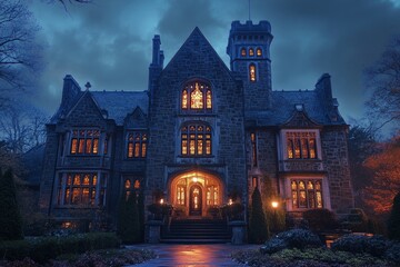 Warm lights emanating from the windows of a stately stone castle create a captivating scene against the twilight sky
