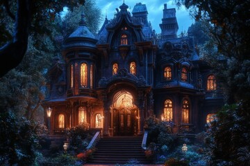 Obraz premium Victorian-era mansion glows warmly at twilight, nestled among trees and gardens, creating a scene of mystery and elegance