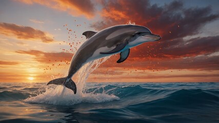 Fototapeta premium Dolphin Jumping Out of Water at Sunset with Colorful Sky