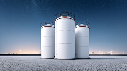 Obraz premium Three large, high tech gas storage tanks stand under clear night sky illuminated by moonlight, with cityscape in distance. scene is serene and futuristic