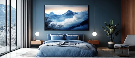 Bedroom interior with a bed a mountain painting and large windows.