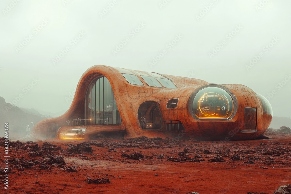 Poster advanced mars base with astronauts exploring the martian landscape, marking a new era of space colon