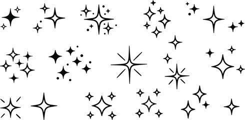 Twinkle star vector glitter bright magic light icon. Star twinkle glitter spark outline shine icon set. Hand drawn sketch doodle style. 
