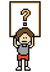 Cute pixel cartoon character man with question mark decoration 8 bit male boy confused idea question mark quiz questionnaire choose cartoon pixel game 8bit png vector.
