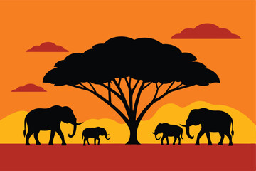 Obraz premium elephants on sunset