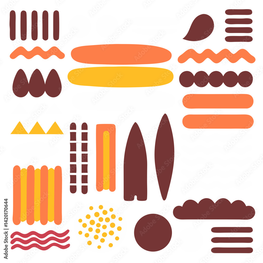 Poster a vibrant collection of abstract shapes in warm, earthy tones, playfully arranged in a joyful, moder