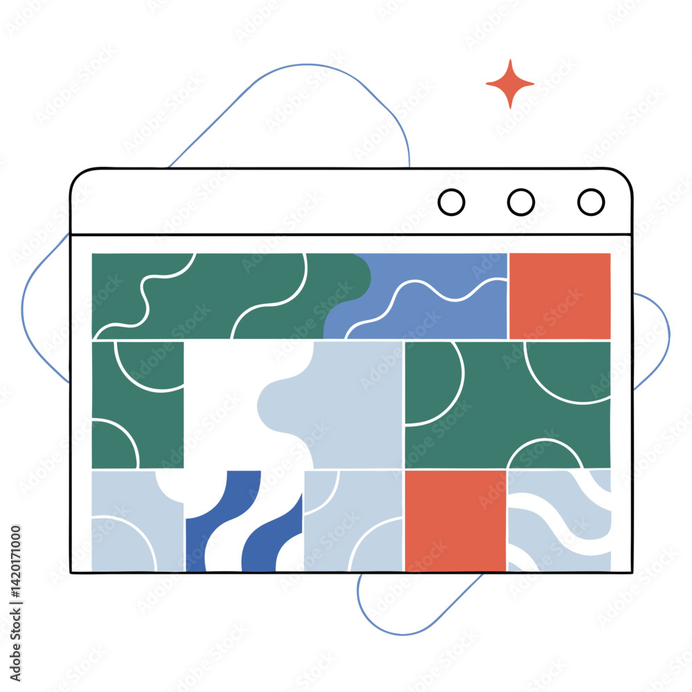 Poster a vibrant mosaic of abstract shapes playfully assembled within a digital browser window, showcasing 