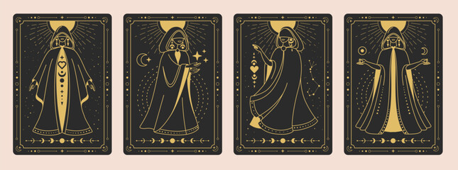 Set of Modern magic witchcraft cards with witch or female figure in a wizard robe. Occult Line art vector illustration © annbozhko