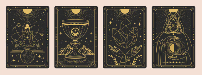 Set of Modern magic witchcraft cards with wizard, goblet, hands with crystal and girl in meditation. Line art occult vector illustration © annbozhko