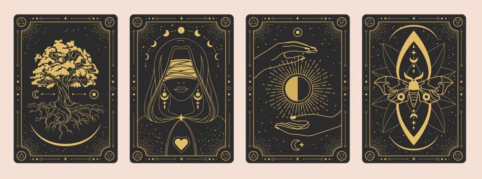 Set of Modern magic witchcraft cards with wizard, oak, hands, butterfly, sun and moon. Line art occult vector illustration