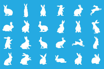 Set of rabbit silhouettes in various poses. Hand drawn black Easter bunny silhouettes isolated on a white background. Perfect decorative elements for design.