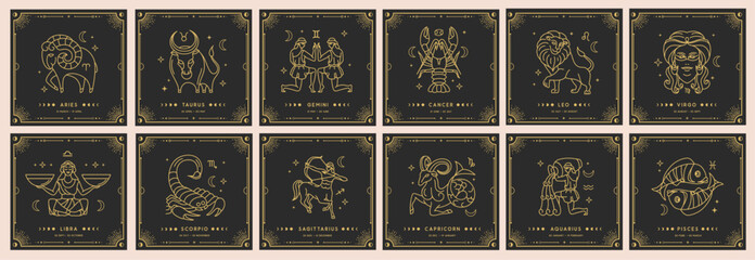Set of Modern magic witchcraft cards with astrology zodiac signs. Zodiac characteristic. Zodiac icons. Vector illustration © annbozhko