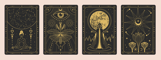 Set of Modern magic witchcraft cards with wizard, praying mantis, all seeing eye, full moon and constellation. Line art occult vector illustration
