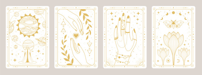 Set of Modern magic witchcraft cards with wizard, solar system, planets, hands, flowers and butterfly. Line art occult vector illustration © annbozhko
