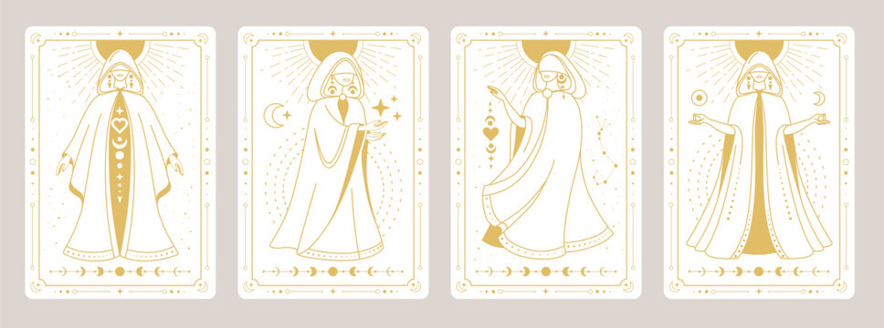 Set of Modern magic witchcraft cards with witch or female figure in a wizard robe. Occult Line art vector illustration