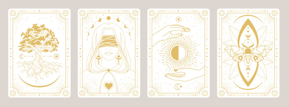 Set of Modern magic witchcraft cards with wizard, oak, hands, butterfly, sun and moon. Line art occult vector illustration