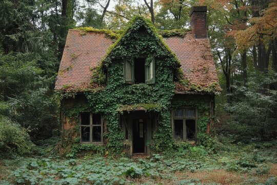 Creepy abandoned house being taken over by nature, featuring broken windows and overgrown ivy
