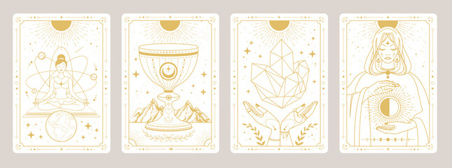 Set of Modern magic witchcraft cards with wizard, goblet, hands with crystal and girl in meditation. Line art occult vector illustration © annbozhko