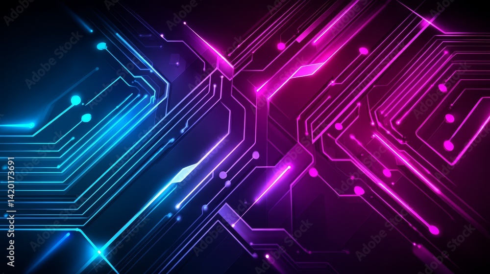 Poster abstract technology background with glowing lines and dots, futuristic network design