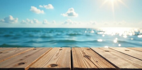Fototapeta premium Smooth wood surface; sparkling sea and sky backdrop , image, sky