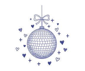 Hand-Drawn Disco Ball with Bow, Hearts, and Sparkles Whimsical Vector Illustration for Party and Celebration Designs.