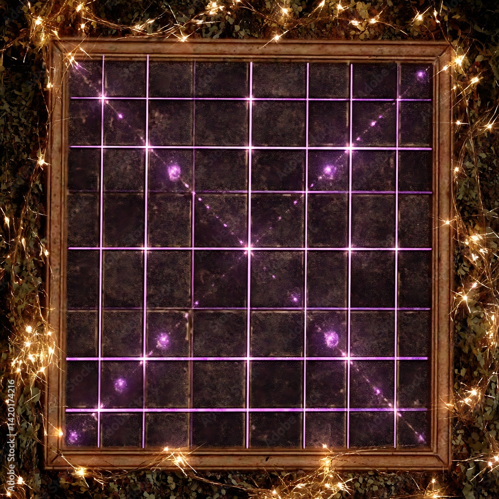 Poster Gridded Stone Tile Arrangement Framed with Delicate String Lights Illuminating Ambient Display Square.