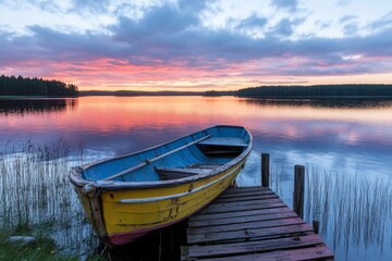 Fototapeta premium Tranquil lake sunset with a weathered boat on a dock