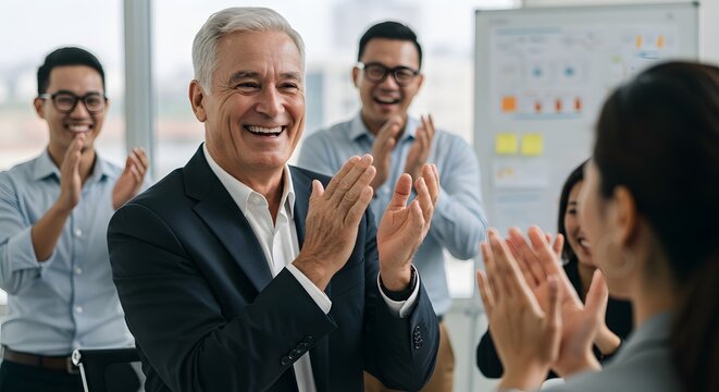 Group of colleagues applauding success, celebrating a milestone, with smiles and appreciation in an office setting.