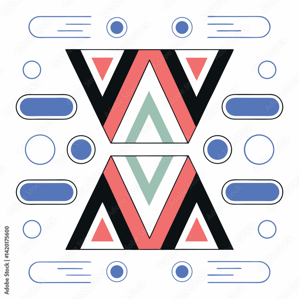 Poster a balanced interplay of coral, teal, and black triangles creating a symmetrical, modern geometric pa