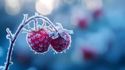 Frosty raspberry, delicate ice crystals, vibrant red fruit, blurred background