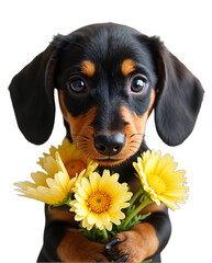 Cute dachshund puppy dog with a bouquet of yellow flowers for mothers day or birthday present. Adorable pet photography, cheerful animal, vertical composition.