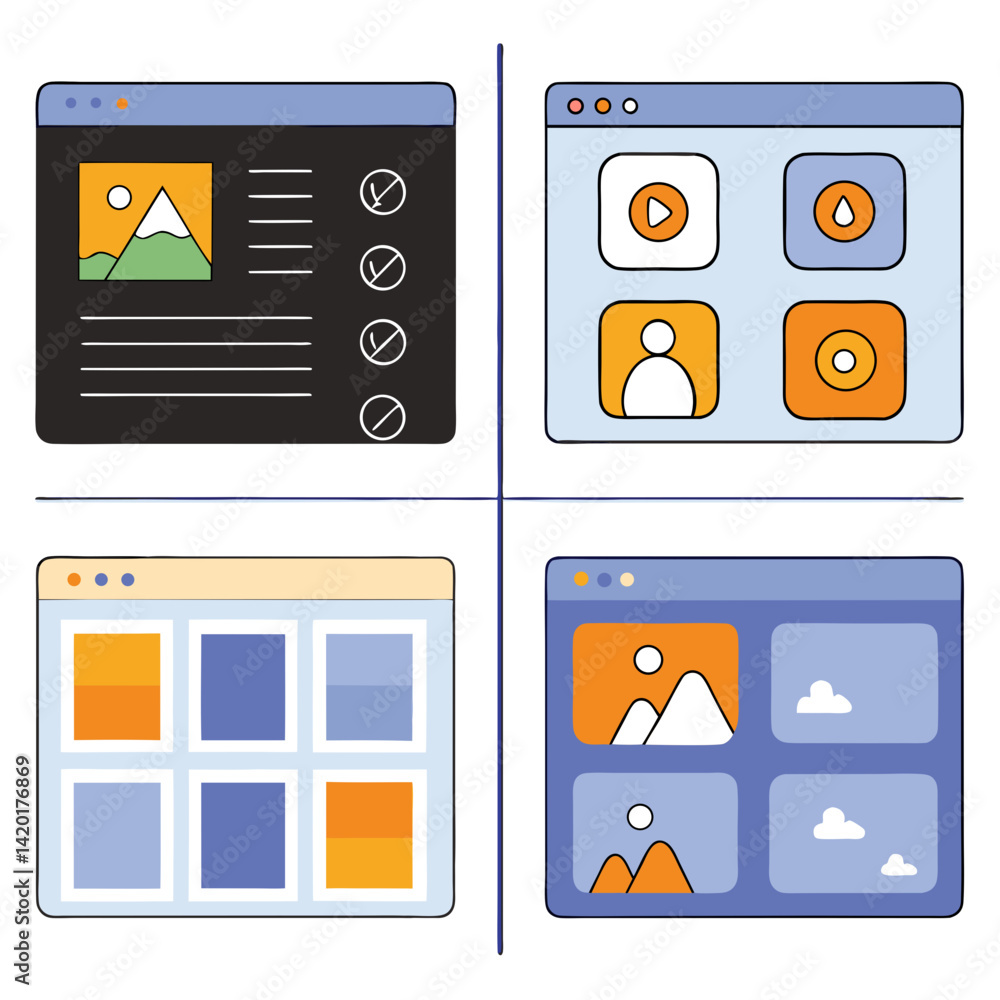 Poster a vibrant collection of diverse website interface designs showcasing clean lines, simple icons, and 