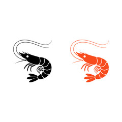 Shrimp Icons: Simple silhouette icons of two shrimp, one in black, and the other in red. Perfect for representing seafood, cuisine, or coastal themes.