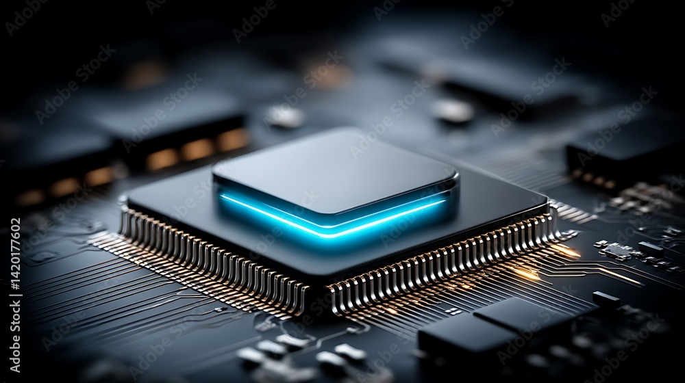 Poster high tech central processing unit cpu on motherboard with blue light accent for advanced computing.